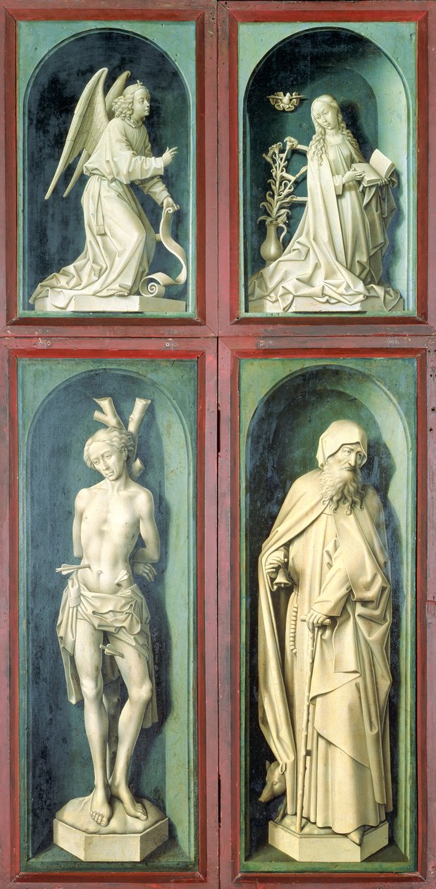 A Anunciação, São Sebastião, Santo Antônio o Grande e os dois Doadores, painéis do verso do Juízo Final, c.1445-50 (óleo sobre painel) de Rogier van der Weyden