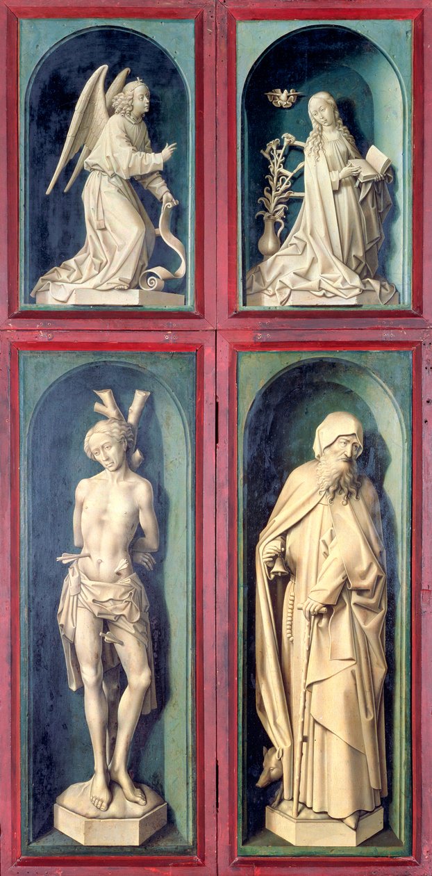 A Anunciação, São Sebastião e Santo Antônio, o Grande, painéis do reverso do Juízo Final, c.1445-50 de Rogier van der Weyden