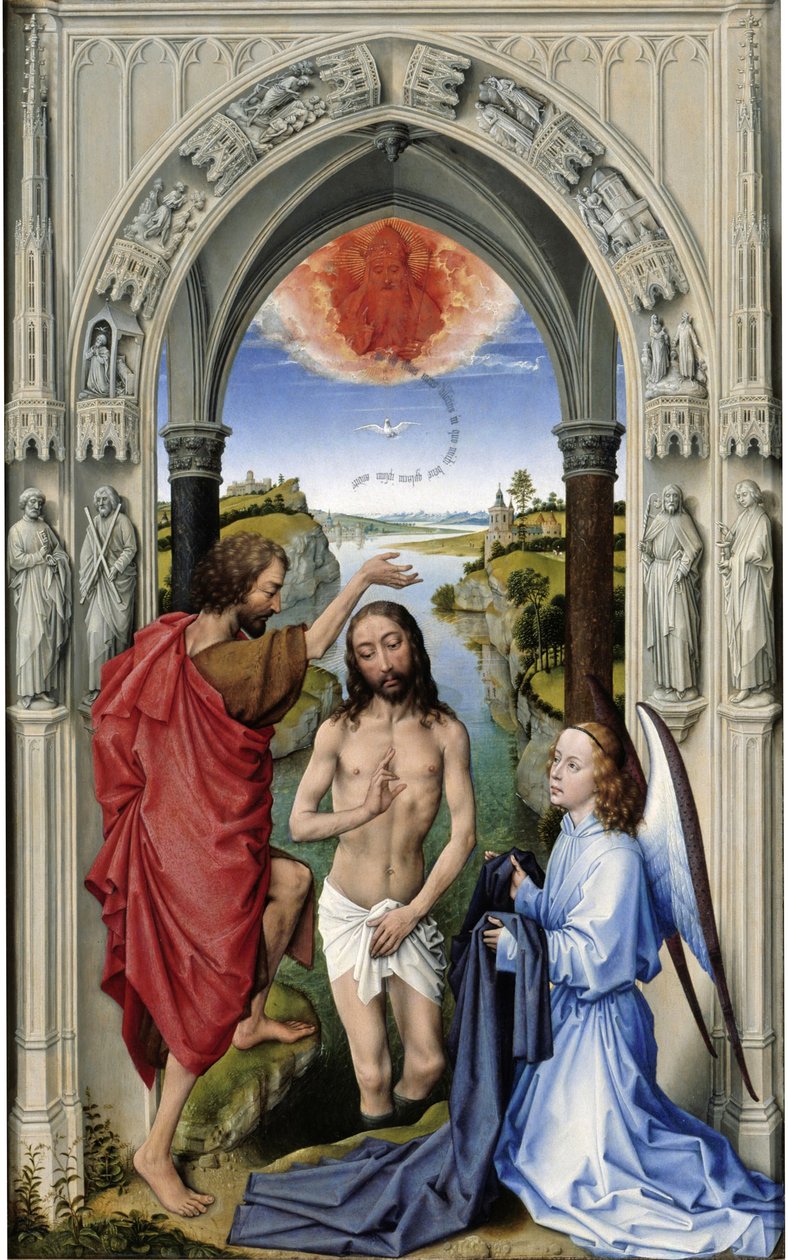 O Batismo de Cristo O Altar de São João, painel do meio, ca 1455 de Rogier van der Weyden