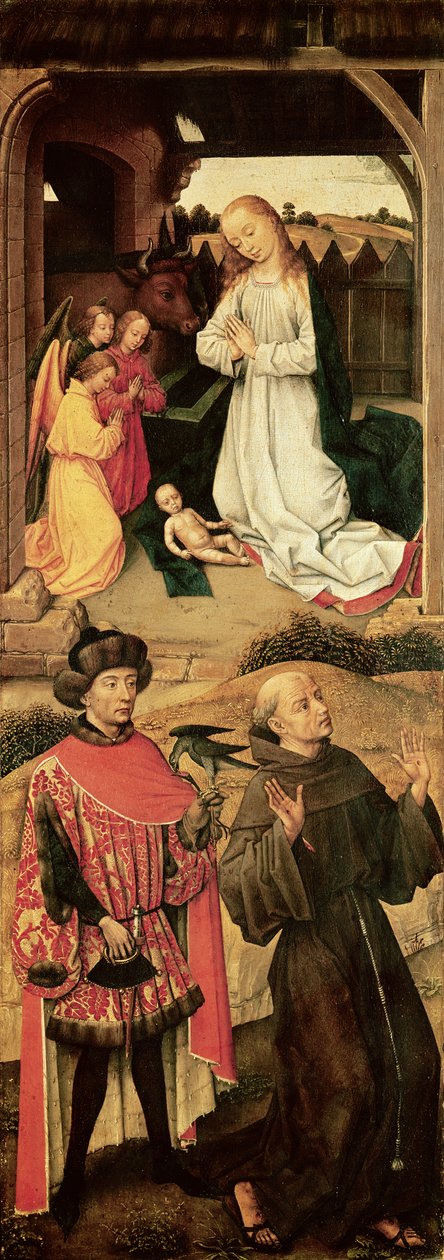 Tríptico do Calvário (painel da esquerda, a Natividade na parte superior, São Francisco de Assis e possivelmente São Juliano, o Hospitaleiro, na parte inferior) de Rogier van der Weyden