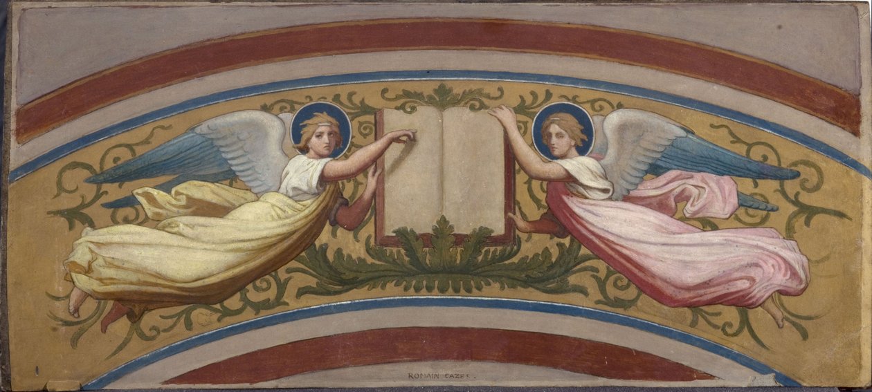 Esboço para a igreja de Saint-François-Xavier: O livro dos Evangelhos sustentado por dois Anjos, entre 1874 e 1876 (óleo sobre guache, aguarela, papel) de Romain Cazes