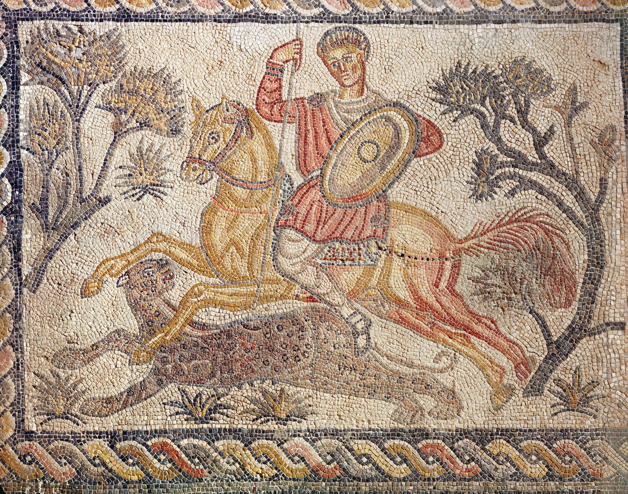 Um mosaico representando uma caçada de leopardo, da Villa de las Tiendas, c.326-400 (mosaico) de Roman