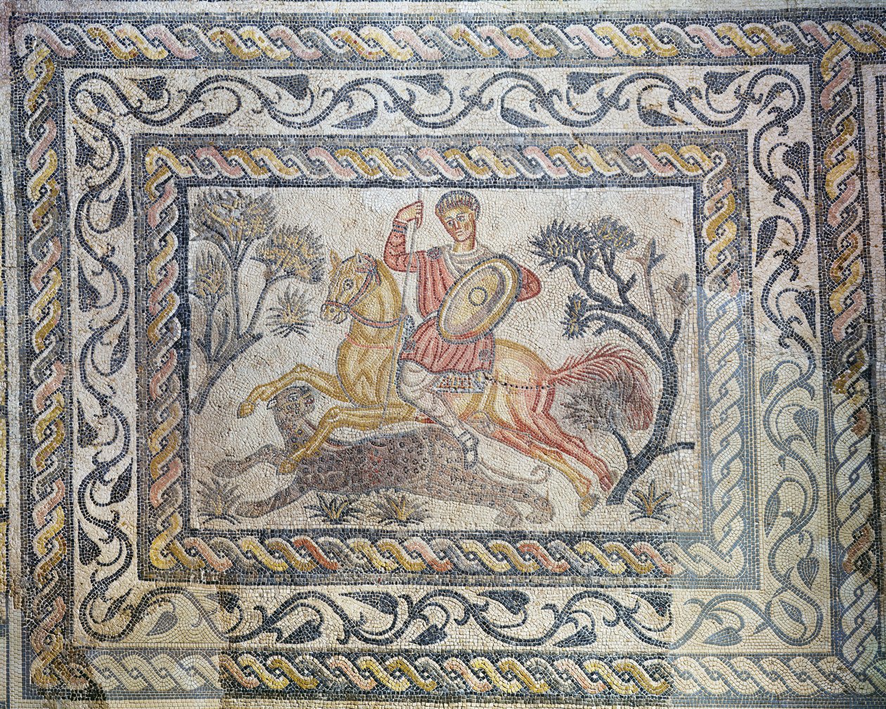 Um mosaico representando uma caçada de leopardo, da Villa de las Tiendas, c.326-400 (mosaico) de Roman