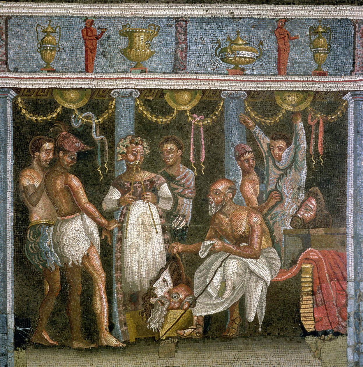 Atores ensaiando para uma peça de sátiro, c.62-79 AD (mosaico) de Roman