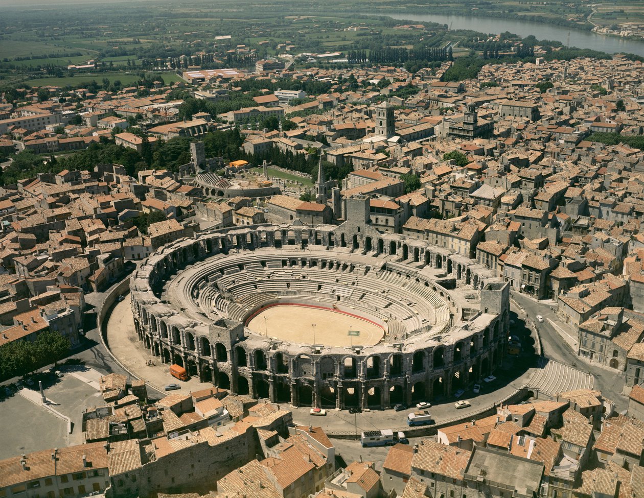 Vista aérea, de, a, anfiteatro de Roman