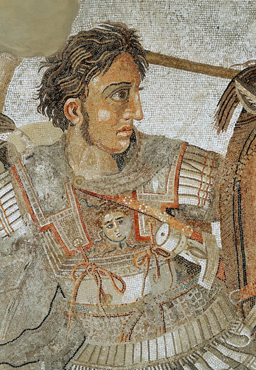 Alexandre, o Grande (356-323 aC), de "O Mosaico de Alexandre", representando a Batalha de Issus entre Alexandre e Dario III (399-330 aC) em 333 aC, mosaico do piso retirado da Casa del Fauno (Casa de Roman
