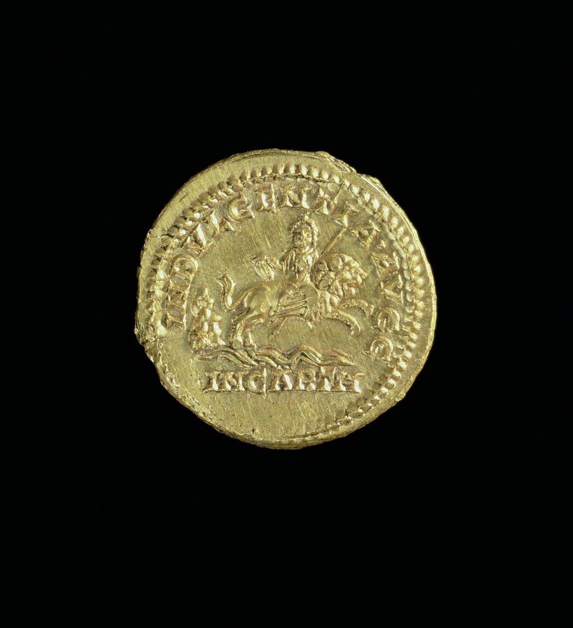 Aureus (reverso) de Caracalla (AD 196-AD 217) representando a deusa Caelestis montando diretamente em um leão. Inscrição: INDGULAÇÃO AVGG NO CARTO (ouro) (para anverso ver 119135) de Roman