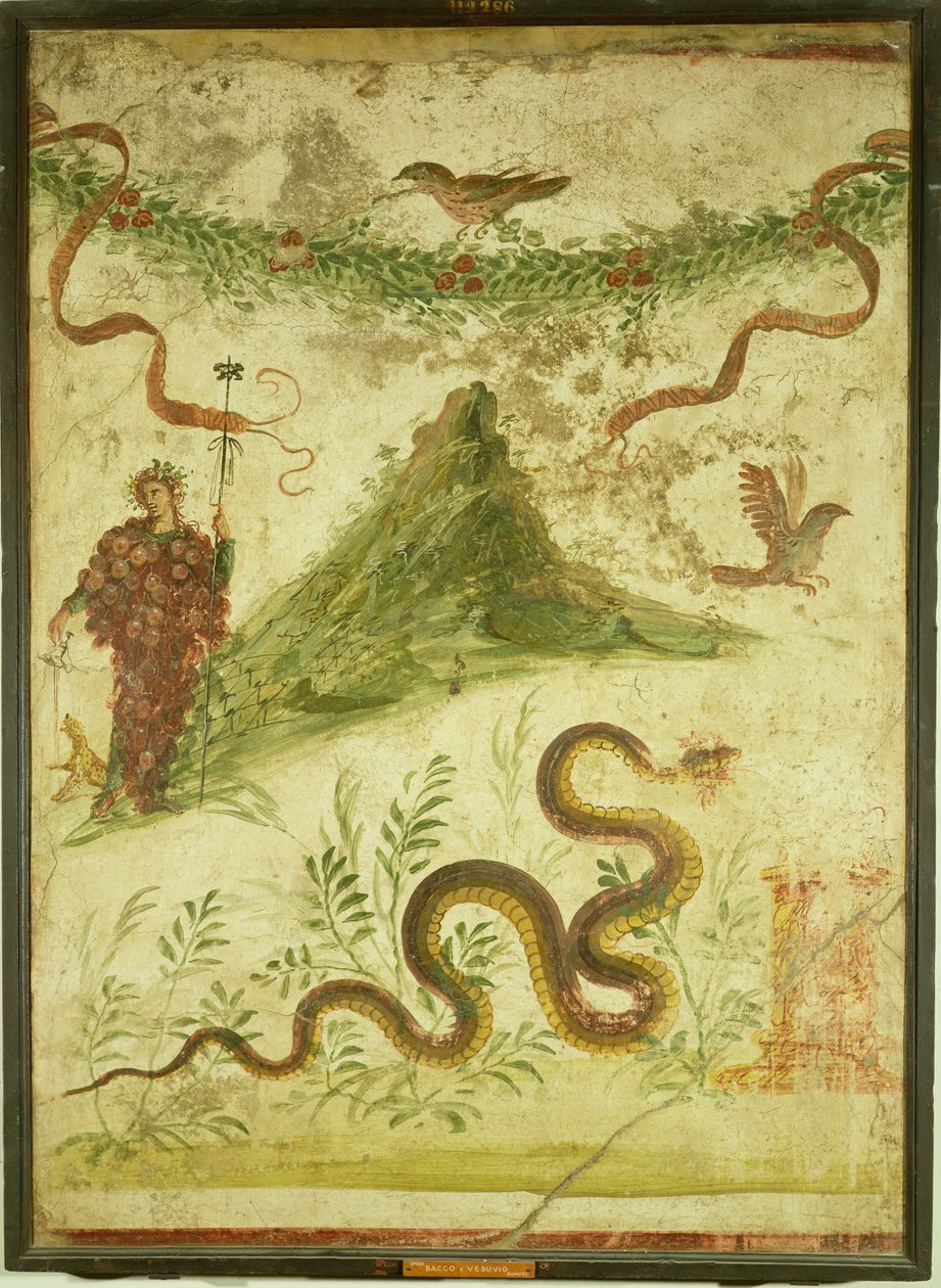 Baco e Monte Vesúvio, século I dC, Romano (pintura mural) de Roman