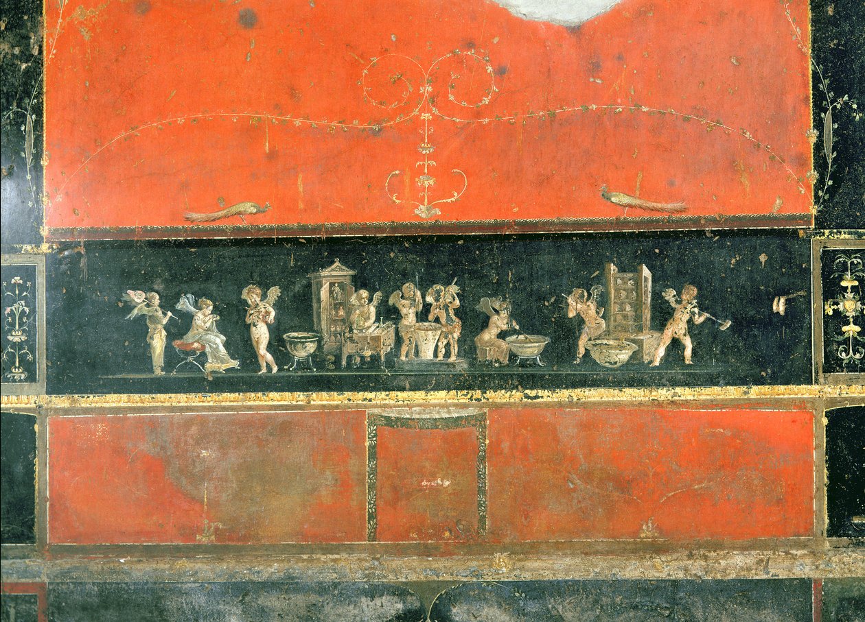 Querubins fazendo atividades diárias, a partir do Oecus da Casa dei Vettii (Casa dos Vettii) c.50-79 dC de Roman