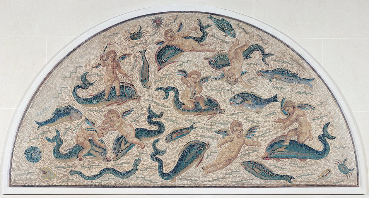 Cupidos, golfinhos e vida marinha de Utique, norte da África (mosaico) de Roman