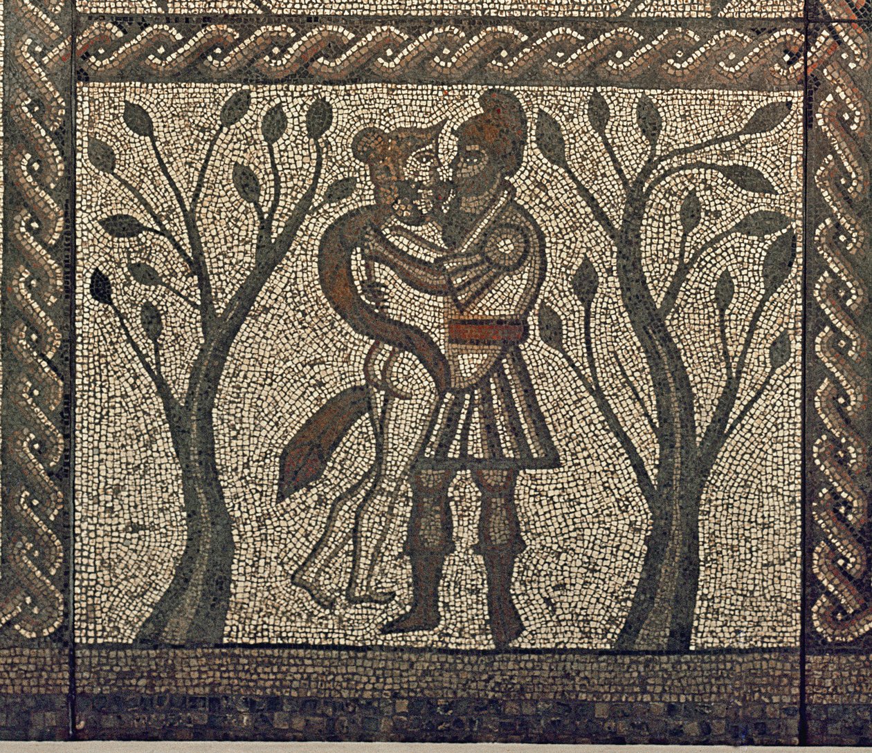 Dido e Enéias abraçando, do pavimento de mosaico na villa romana em Low Ham, c.350 detalhe do mosaico AD de 5959 de Roman
