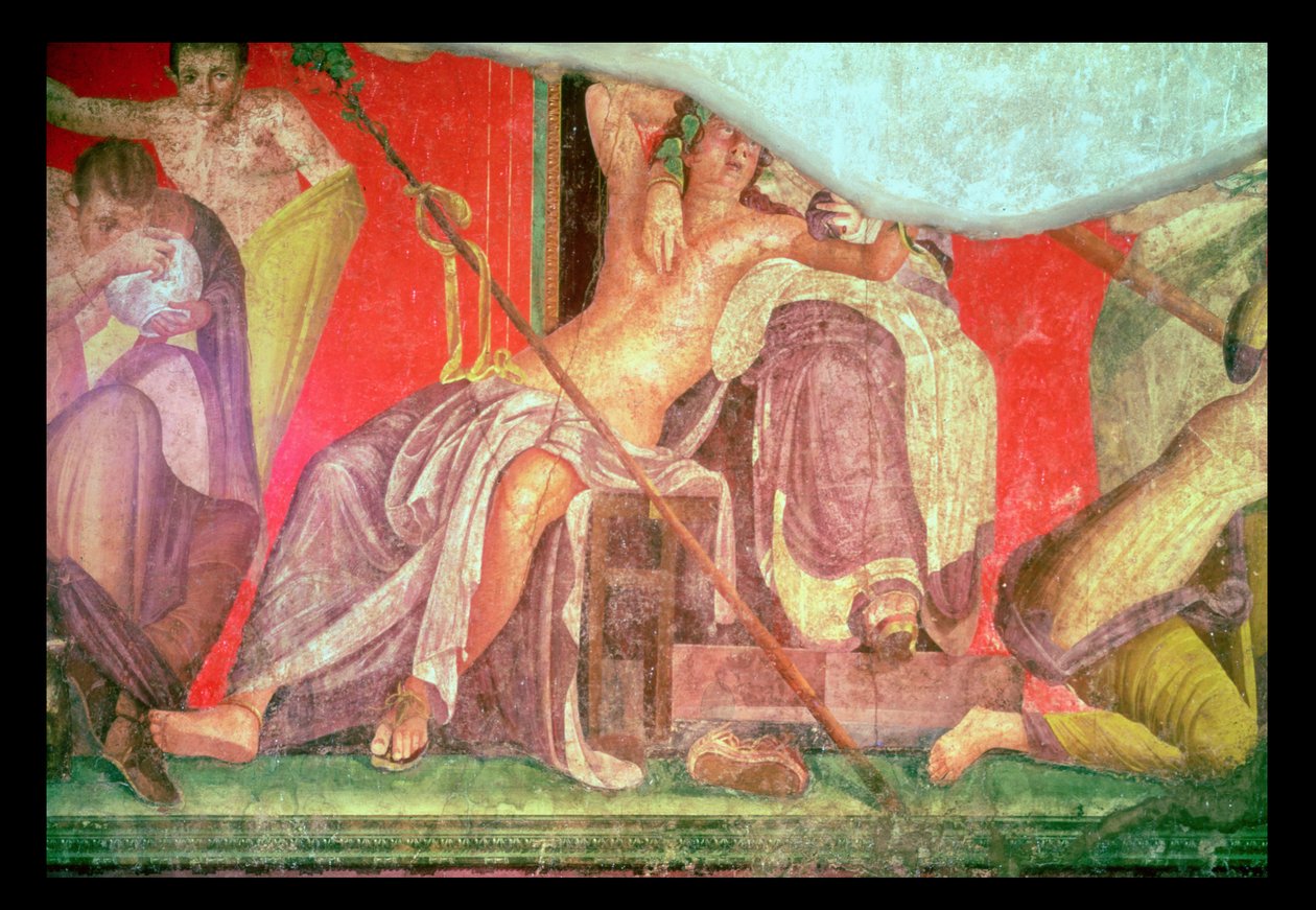 Comitiva dionisíaca com Dionísio reclinado no colo de uma mulher (possivelmente Ariadne, Afrodite ou Semele), Muro Este, Oecus 5, 60-50 aC de Roman