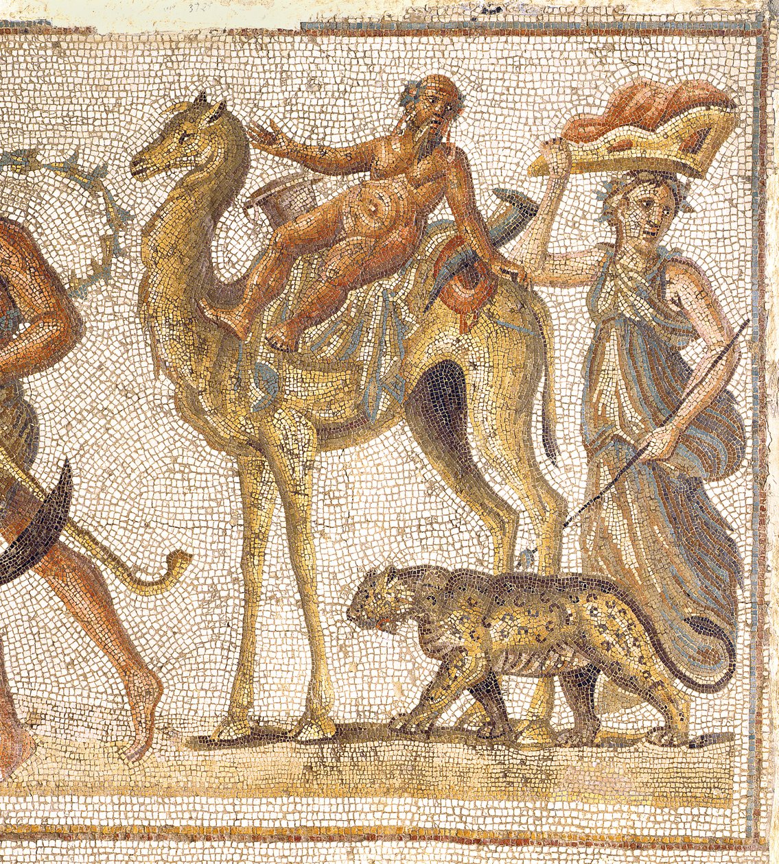 Procissão dionisíaca, de El-Jem Thysdrus detalhe de Silenus Montando um detalhe de mosaico camelo de 174324 de Roman