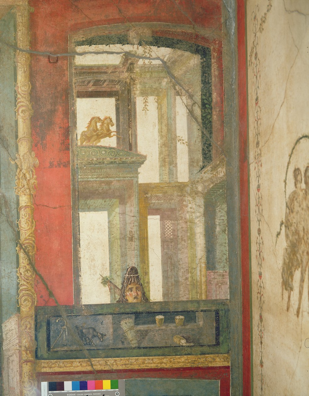 Arquitetura fantástica com dois cavalos e uma máscara teatral, da Case dei Vettii (Casa dos Vettii) c.50-79 dC de Roman