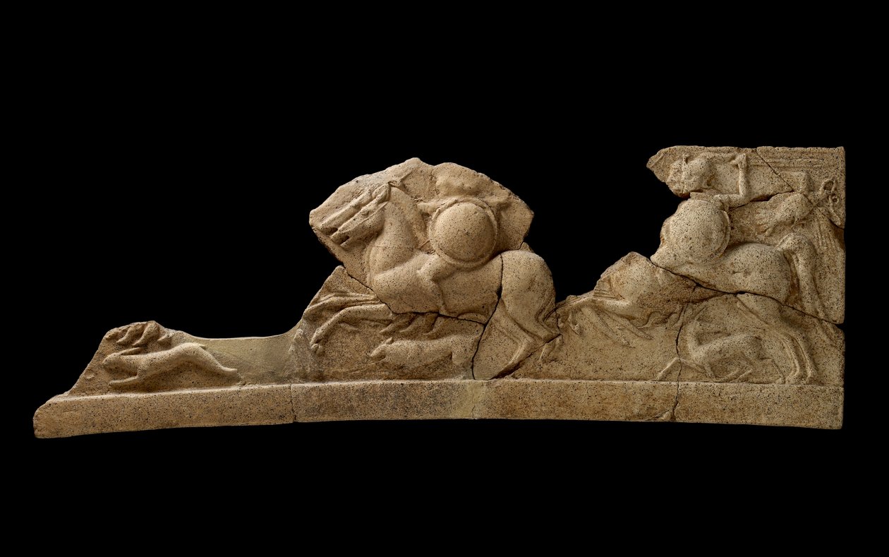 Friso representando pares de cavaleiros, uma lebre, um cão e um veado, segunda metade do século VI aC (terracota) de Roman