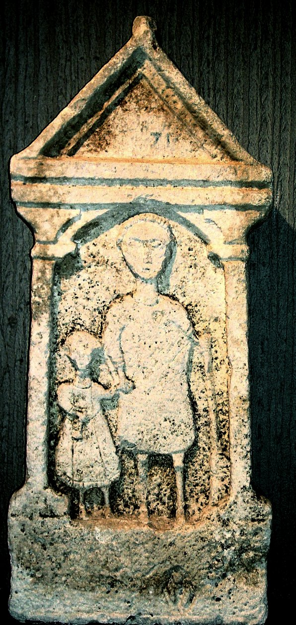 Estela funerária representando pai e filho, do 1º ao 2º século de Roman