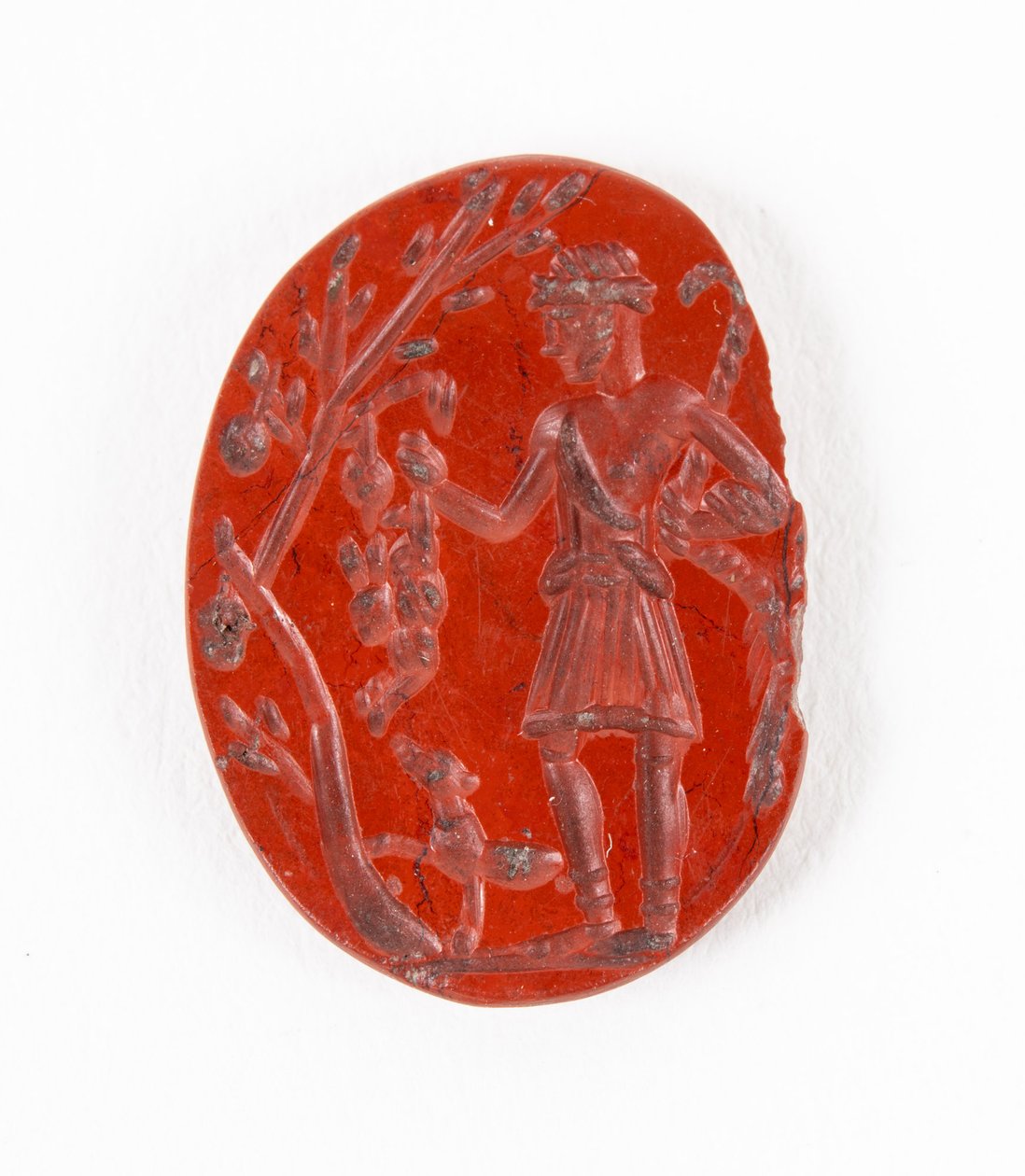 Intaglio from South Shields mostrando Silvanus-Cocidius (Deidade Caçador Romano-Celta) com lebre e cão, início do século III dC de Roman