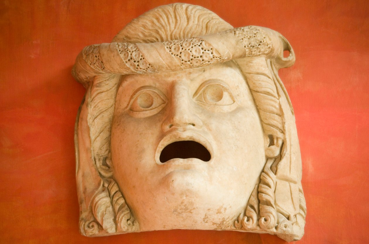 Máscara de boca aberta, Período Imperial Romano (30 aC-500 dC) (mármore) de Roman