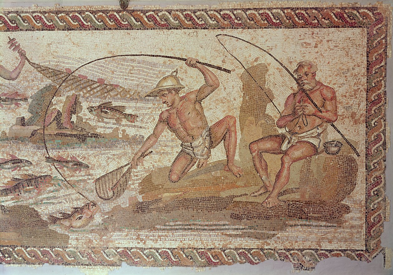 Homens pescando no Nilo, da Villa Nile, Leptis Magna (mosaico) de Roman