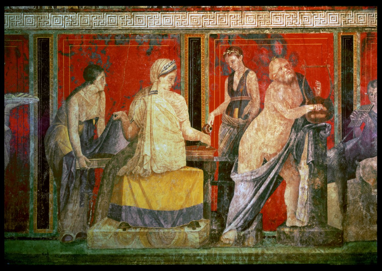Ministrante carregando uma bandeja de comida com Silenus tocando uma lira e um jovem sátiro tocando uma siringe, North Wall, Oecus 5, 60-50 aC de Roman