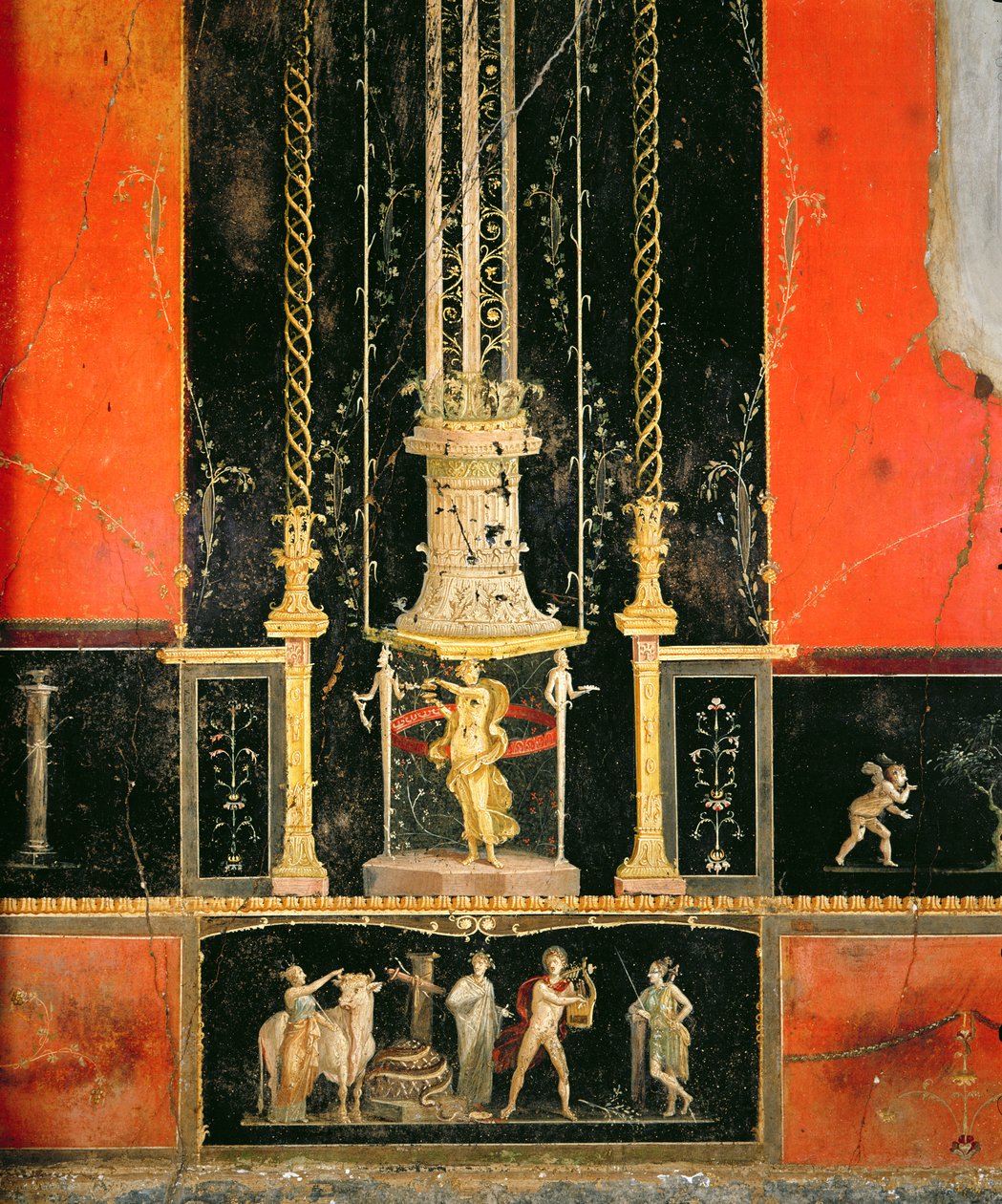 Detalhes mitológicos e decorativos da parede leste na sala do amante, Casa dei Vettii, c.5-79 dC (pintura de parede) de Roman