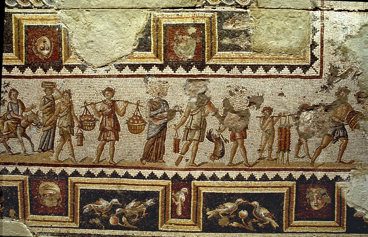No caminho para o mercado, detalhe de um piso de mosaico, foto de Tzippori de Roman