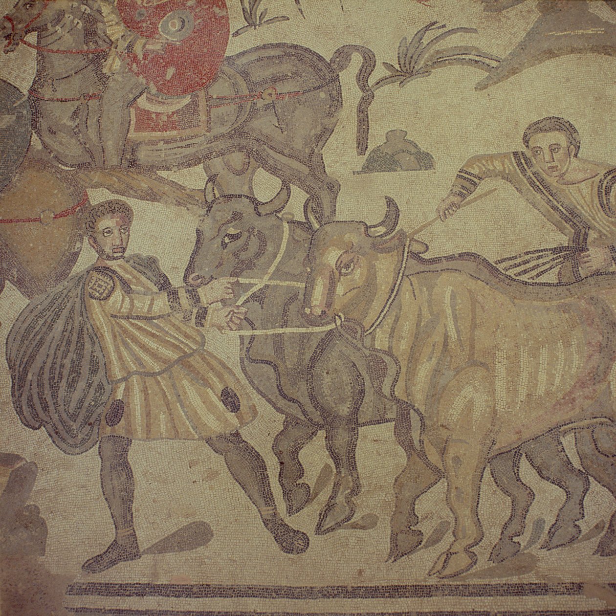 Bois transportando água, mosaico romano, início do século IV (mosaico) de Roman