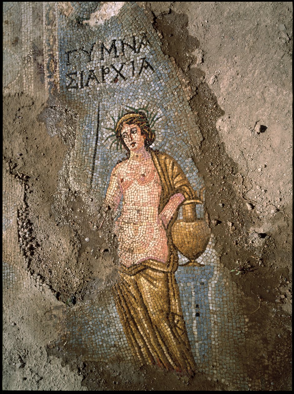 Detalhe de pavimento de um mosaico de mulher de Roman