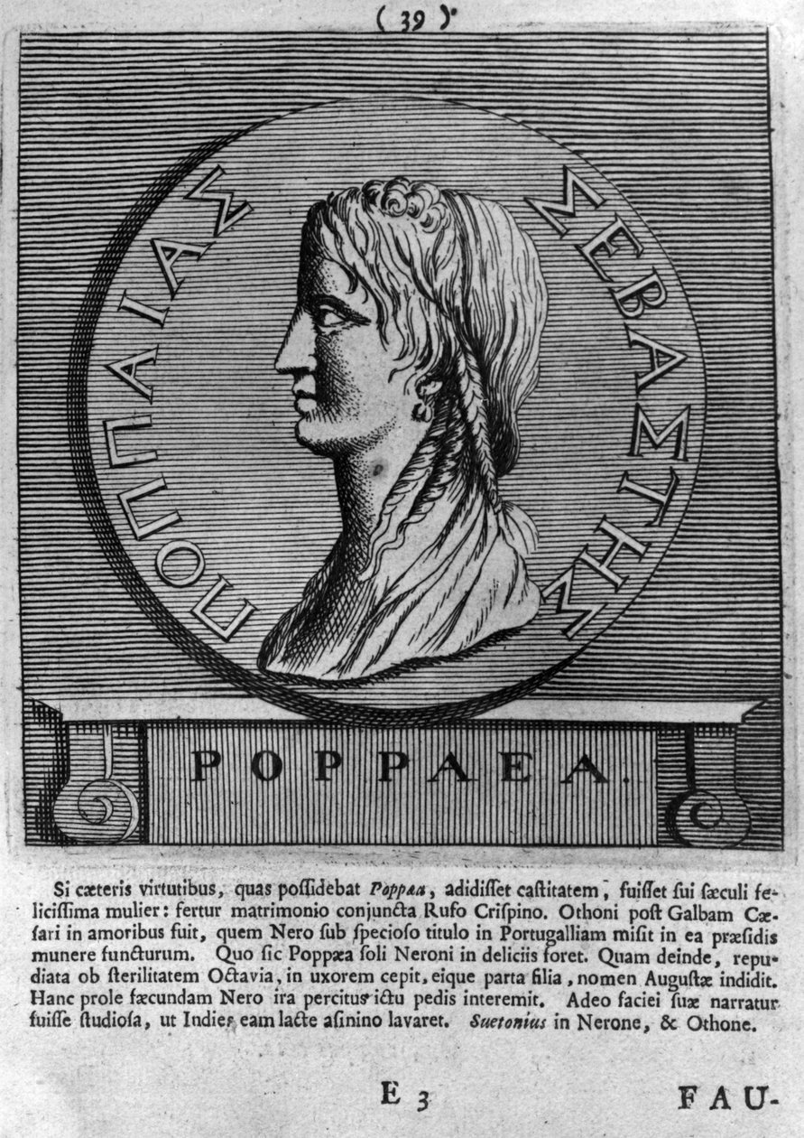 Poppaea Sabina, gravada após uma moeda romana datada de 54-68 dC de Roman