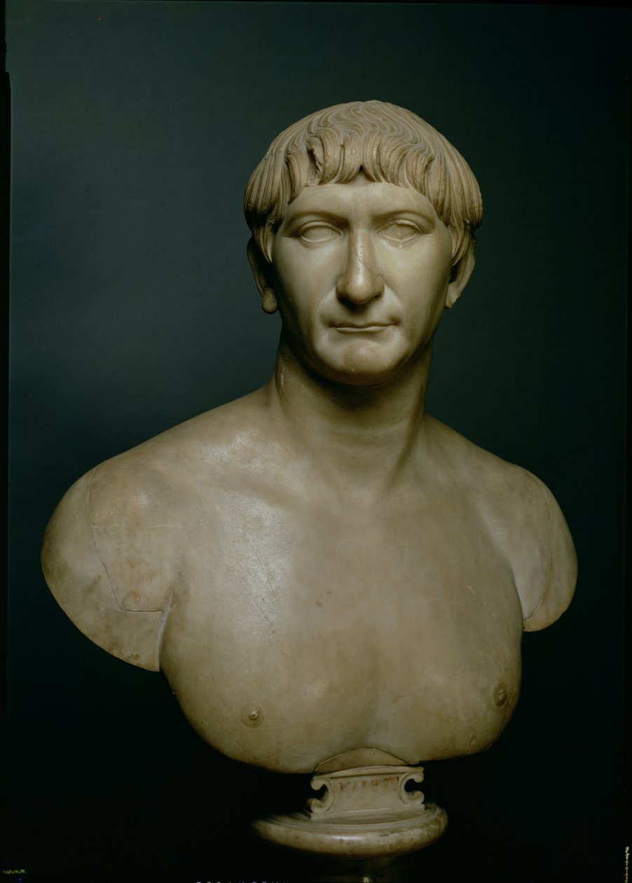 Busto de retrato do imperador Trajano (53-117 dC) 1º a 2º século dC (mármore) de Roman