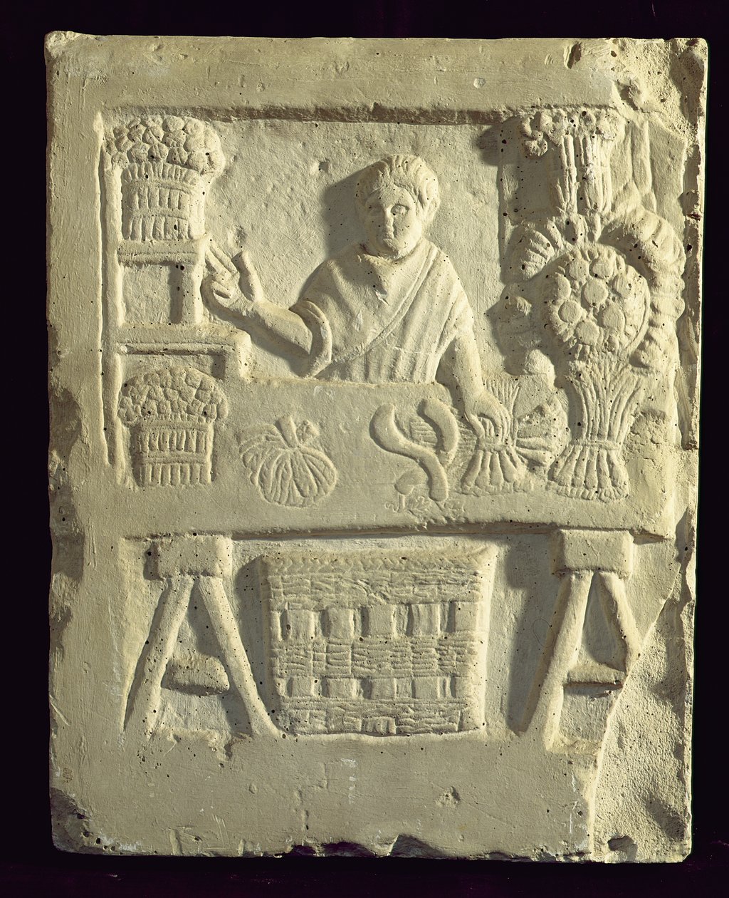 Relevo retratando um vendedor de flores e vegetais de Roman