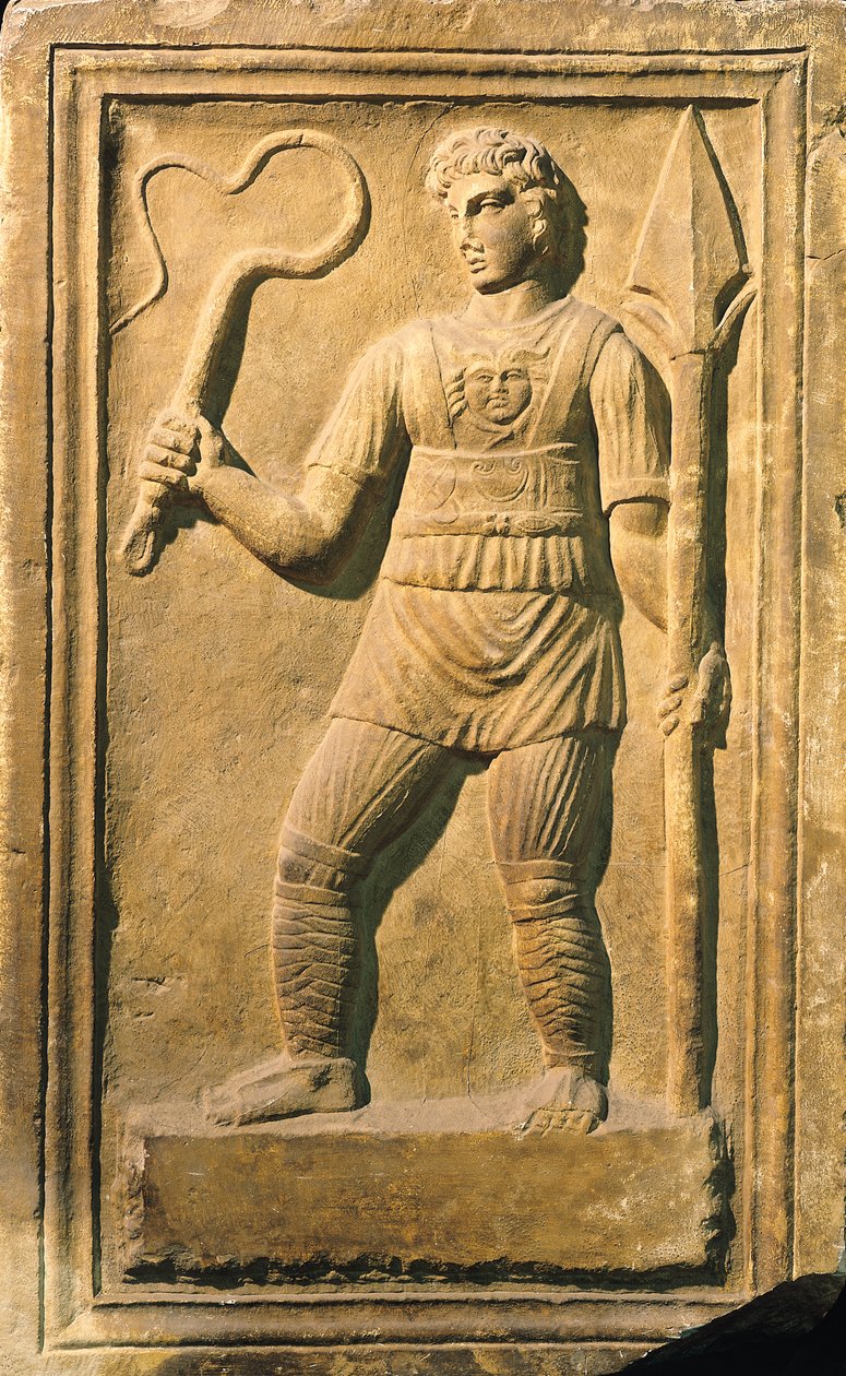 Relevo retratando um gladiador segurando um chicote e uma lança de Roman