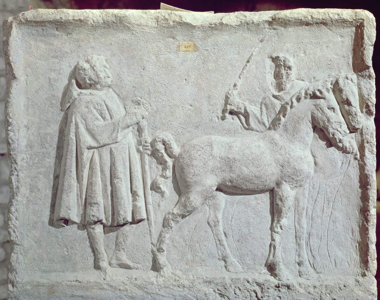 Relevo retratando um mercado de cavalos, do século II a III dC de Roman