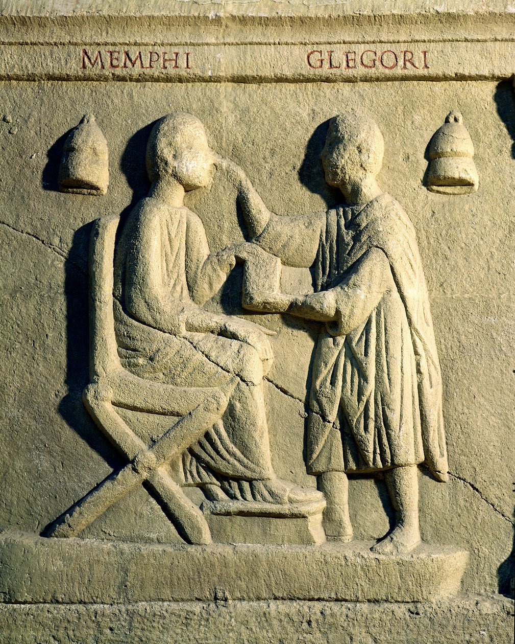 Relevo retratando um oculista examinando um paciente de Roman