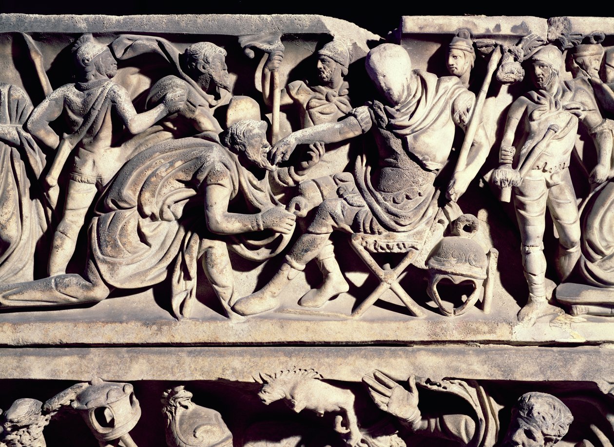Alívio de um sarcófago representando a submissão de um bárbaro a um general romano de Roman