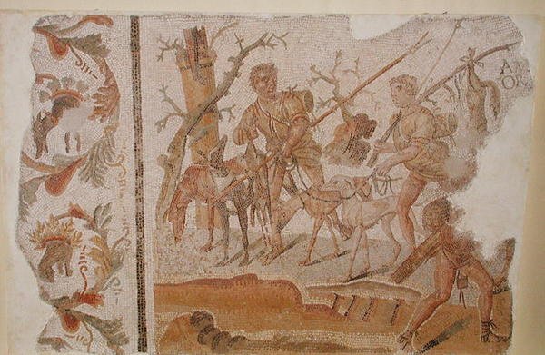Retorno da caça, de Medeina (antiga Althiburos) c.280-290 (mosaico) de Roman