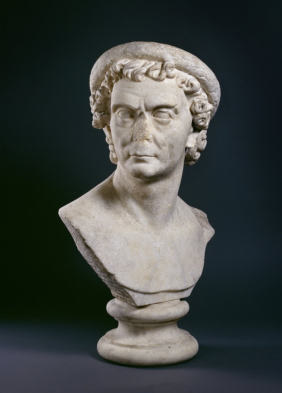 Busto de mármore romano do homem usando uma coroa de folhas de oliveira, c. 100 dC (mármore) de Roman