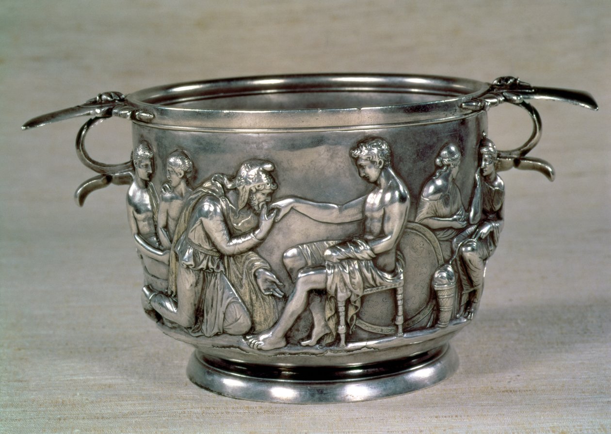 Taça romana de prata dourada representando o rei Príamo de Tróia, apelando a Aquiles para o retorno do corpo de seu filho Hector, encontrado no túmulo de um chefe em Hoby, na Dinamarca, no século I aC (prata dourada) de Roman