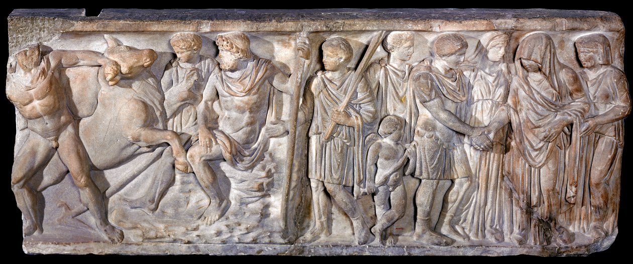 Sarcófago representando Jason e o touro que cuspia fogo em Colchis, 753-476 aC (mármore) de Roman
