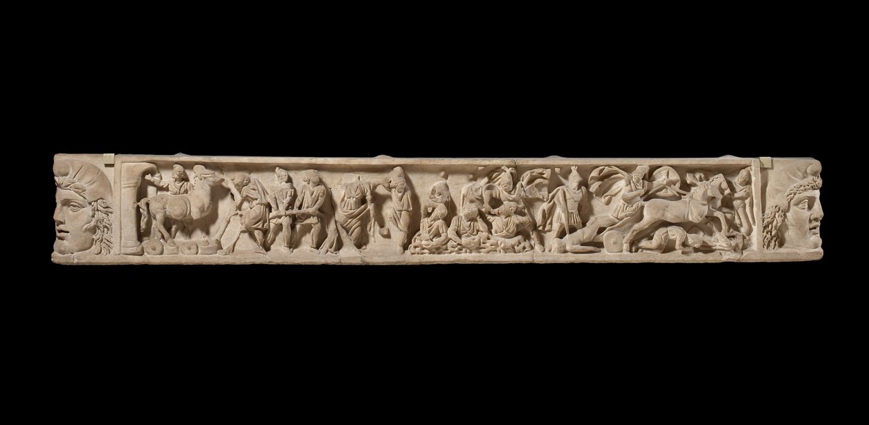 Tampa do sarcófago representando o cerco de Tróia, c.200 AD (mármore) de Roman