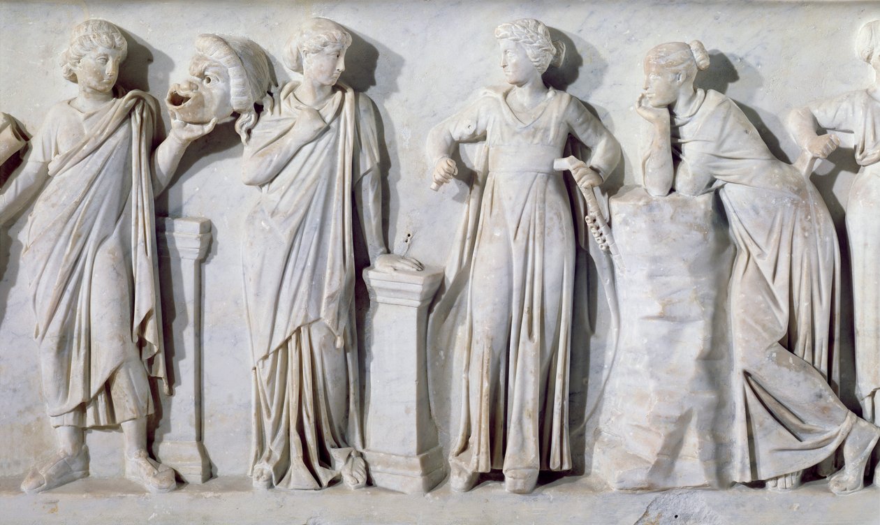 Sarcófago das Musas, detalhe de Thalia, Erato, Euterpe e Polyhymnia, c.160 AD marble de Roman