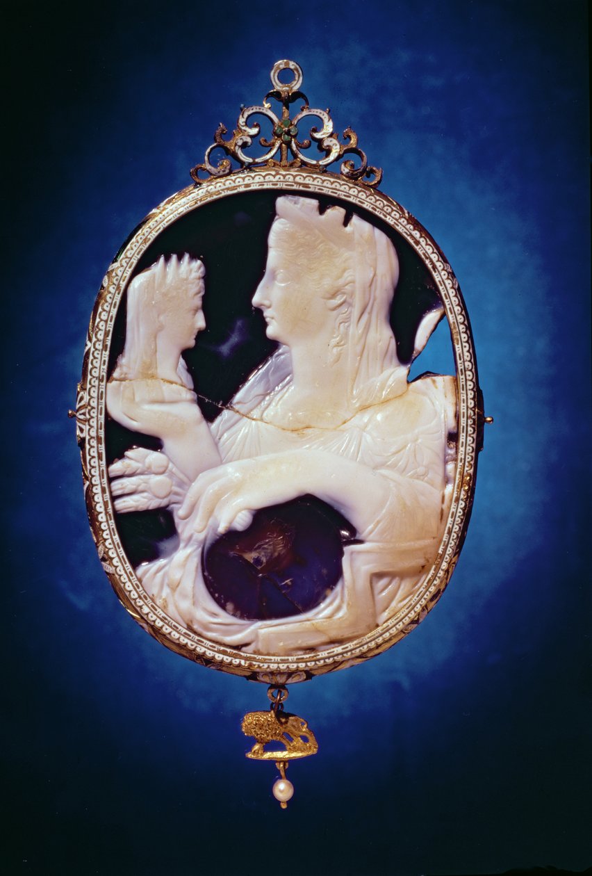 Sardonyx Cameo tendo o perfil de Livia esposa do imperador Augusto (63BC-14AD) e Tibério (Claudius Nero) (42BC-37AD), século I (sardonyx) de Roman