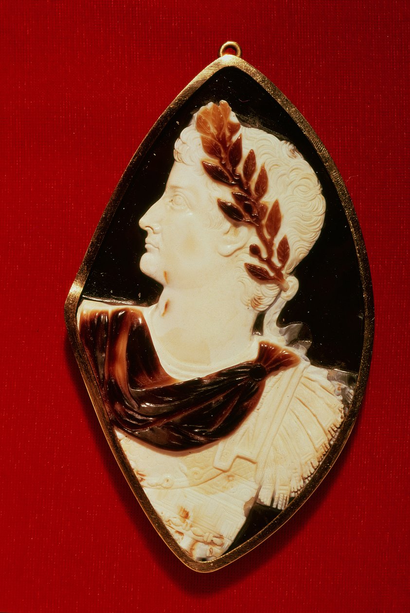 Sardonyx Cameo que leva o perfil de Tiberius (Claudius Nero) (42BC-37AD), primeiro século dC (sardonyx) de Roman