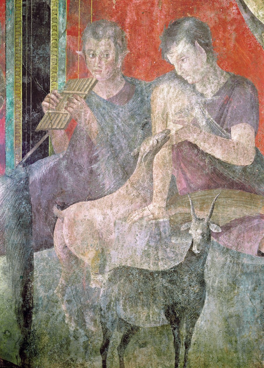 Sátiro que Joga os Panpipes e a Ninfa Amamentando uma Cabra, 60-50 aC (ver também 57187 e 57185) de Roman