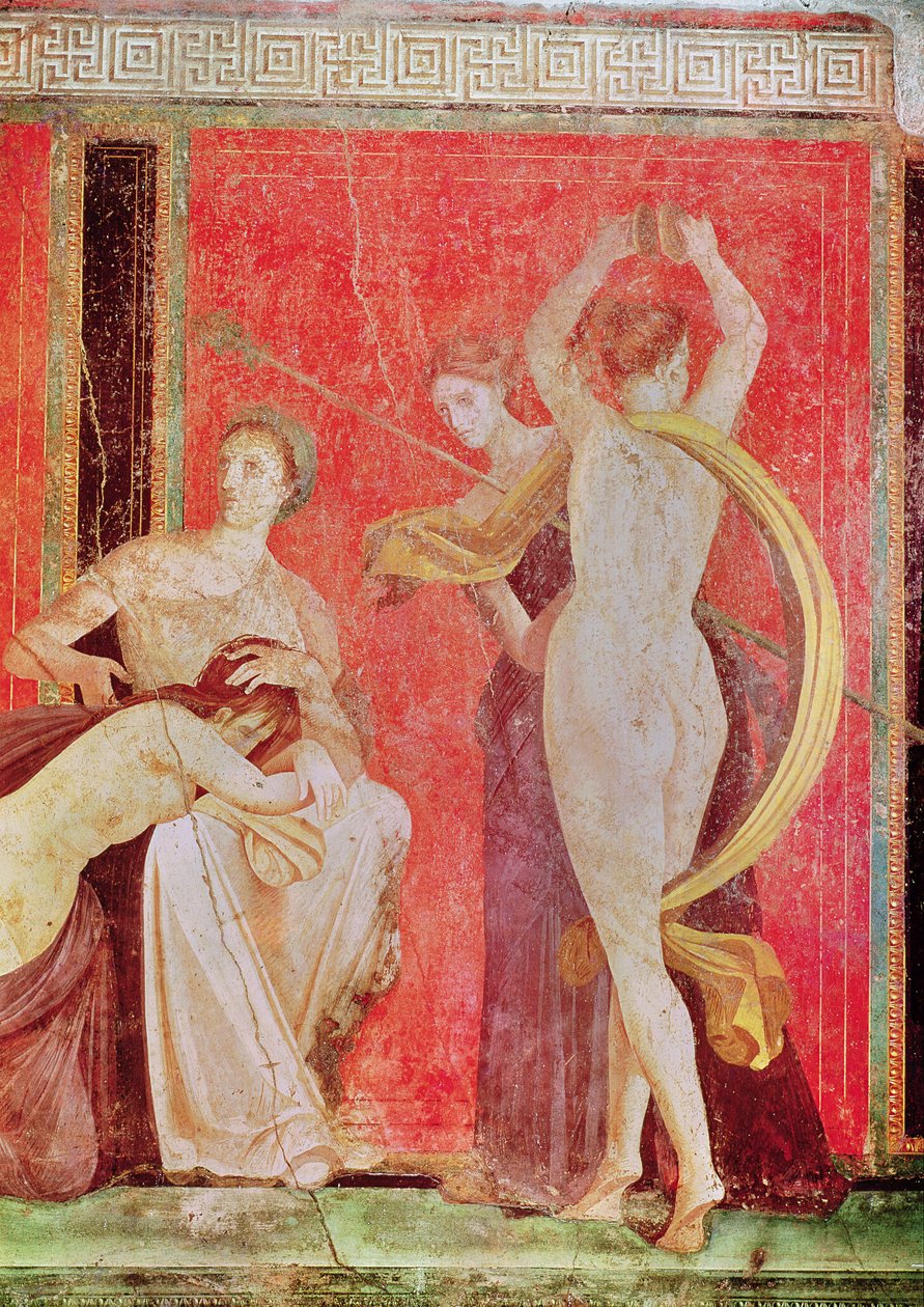 Mulher açoitada e dançarina com címbalos, parede sul, Oecus 5, 60-50 aC de Roman