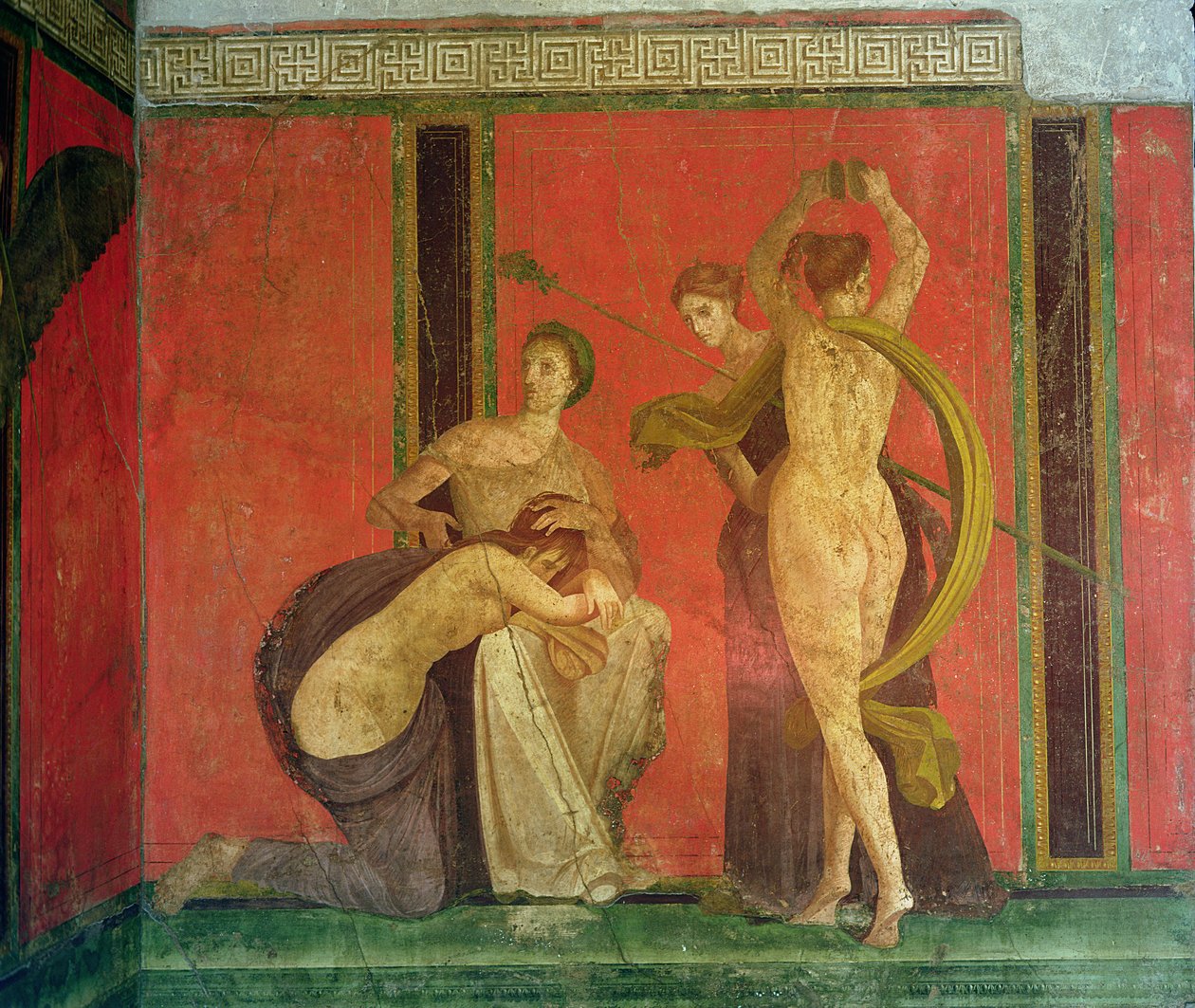 Mulher açoitada e dançarina com címbalos, parede sul, Oecus 5, segundo estilo pompeiano de Roman