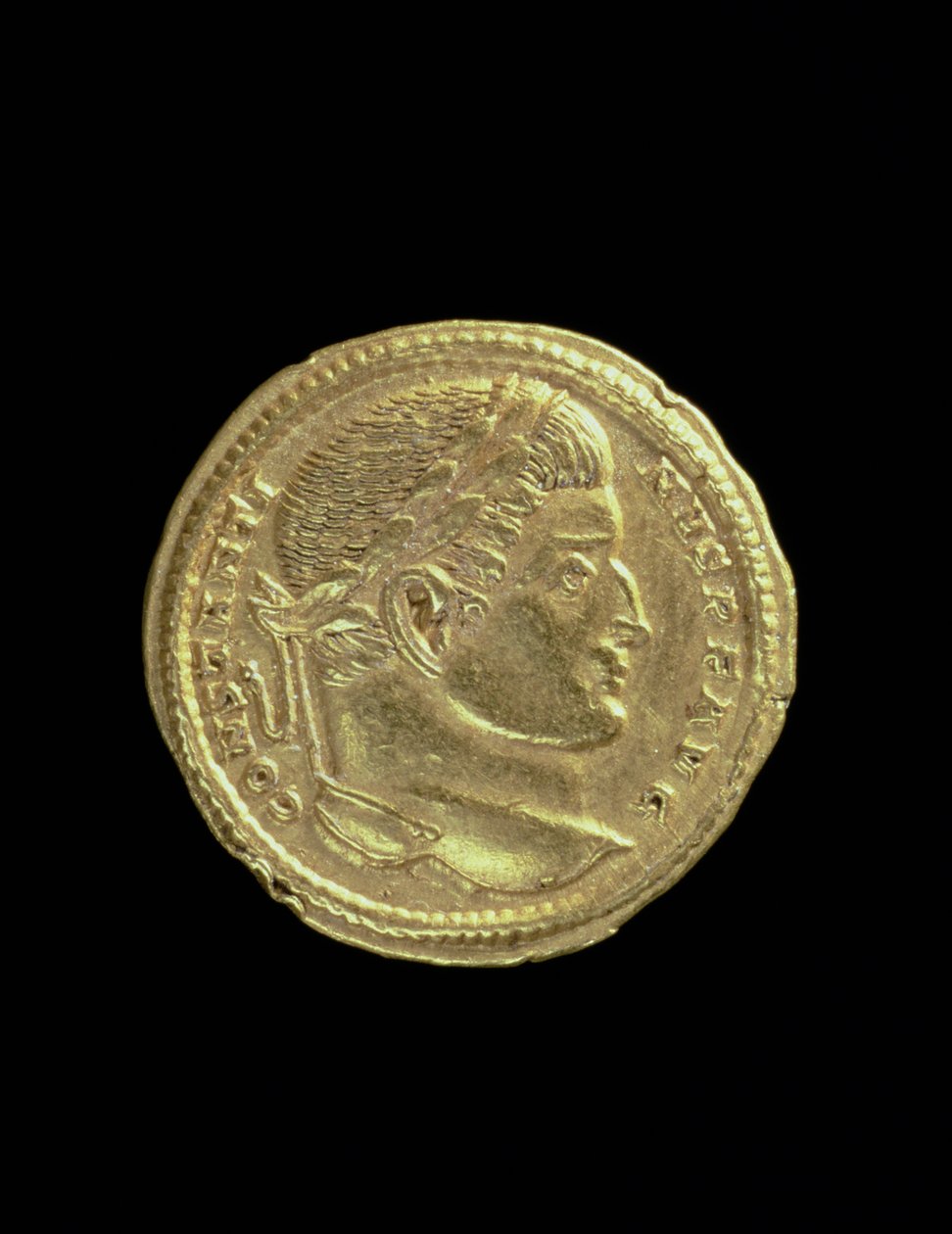 Solidus (anverso) de Constantino, eu, o Grande (306 AD-AD 337) com um busto nu e vestindo uma coroa de louros. Inscrição: CONSTANTINVS PF AVG (para ver em verso 119151) de Roman
