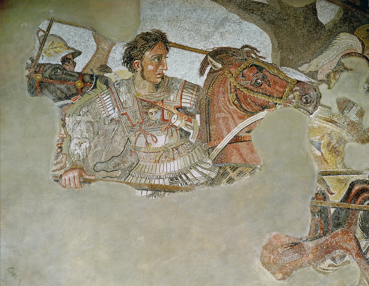 O mosaico de Alexandre, detalhe representando Alexandre o Grande 356-323 aC na batalha de Issus contra Dario III 399-330 aC em 333 aC detalhe em mosaico de 154003 de Roman