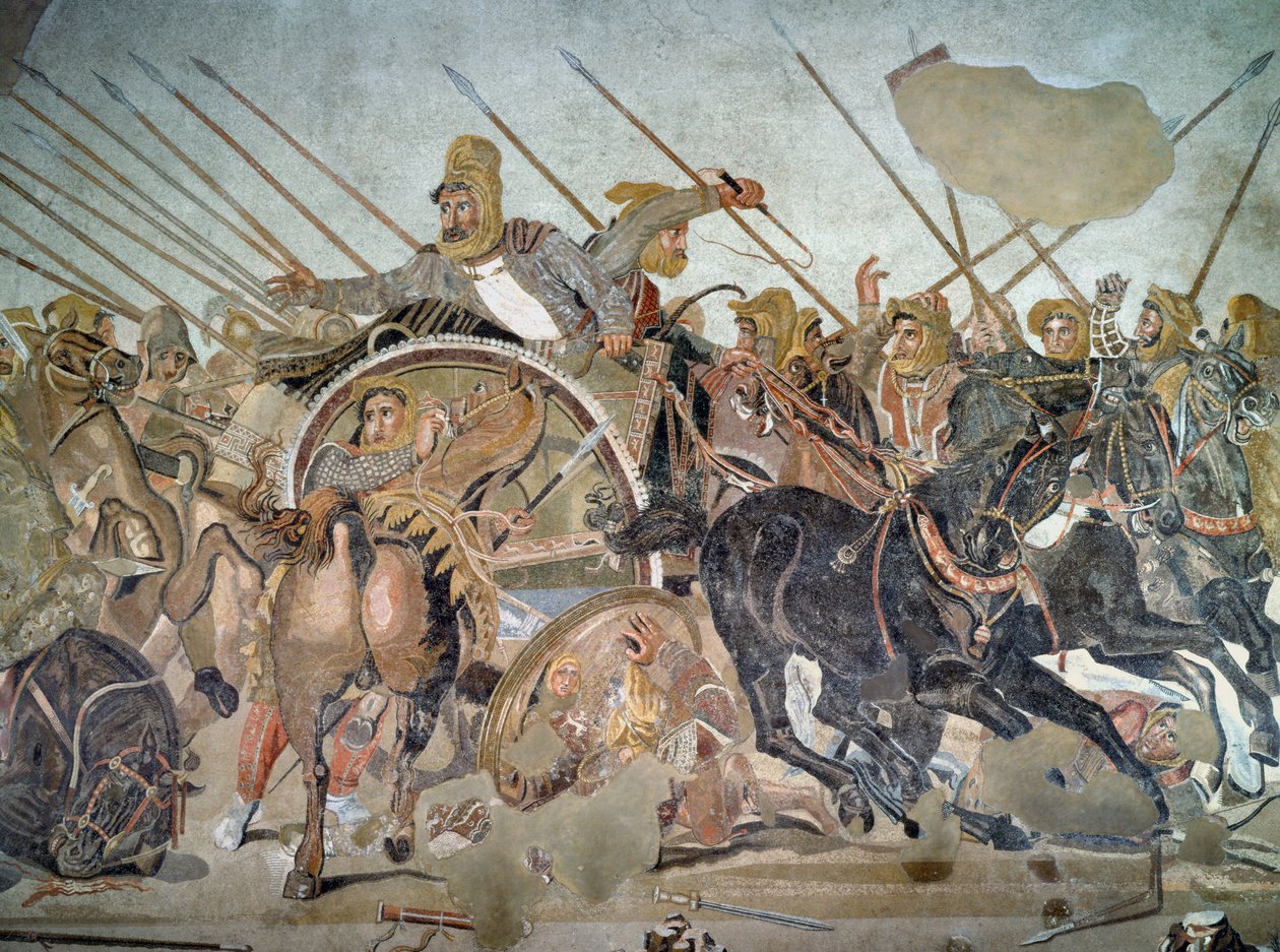 O mosaico de Alexandre, detalhe representando o Dario III 399-330 aC na batalha de Issus contra Alexandre o Grande 356-323 aC em 333 aC detalhe do mosaico de 154003 de Roman