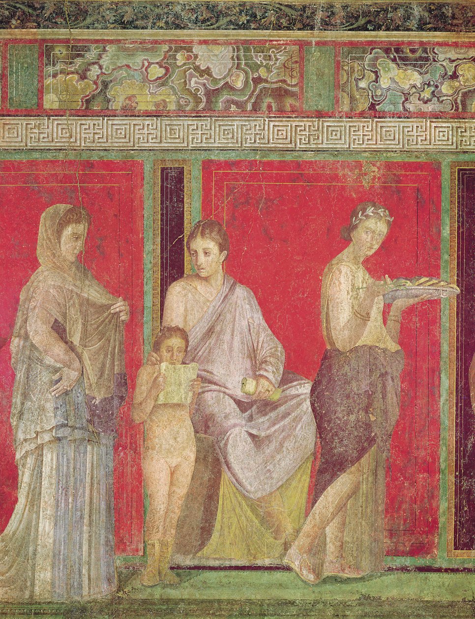 O Catecismo com uma Leitura Jovem e o Iniciado Fazendo uma Oferenda, Muro Norte, Oecus 5, c.60-50 aC (veja também 55070, 57184 e 20015) de Roman